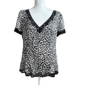 White House Black Market Leopard Print Silk Stretch V Neck Lace Trim Top Size 14